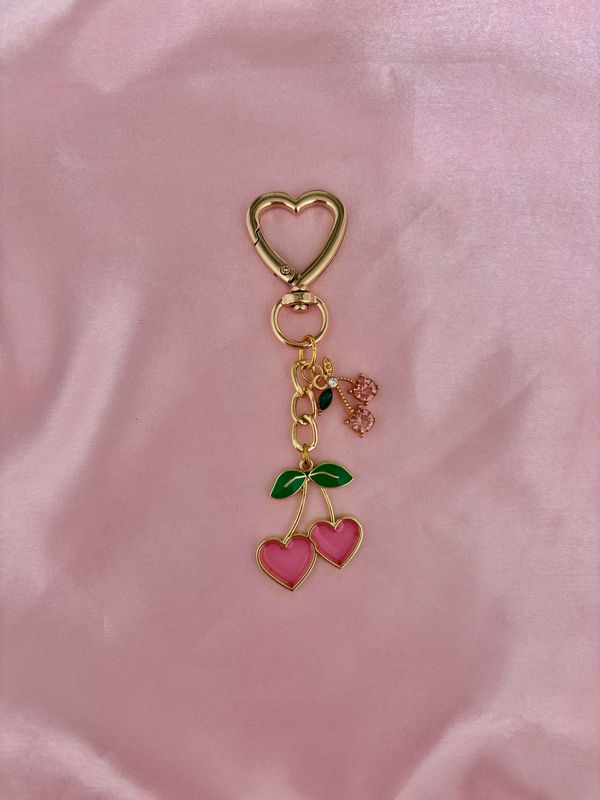 Gold Pink Double Cherry Rhinestone Bag Charm Keychain