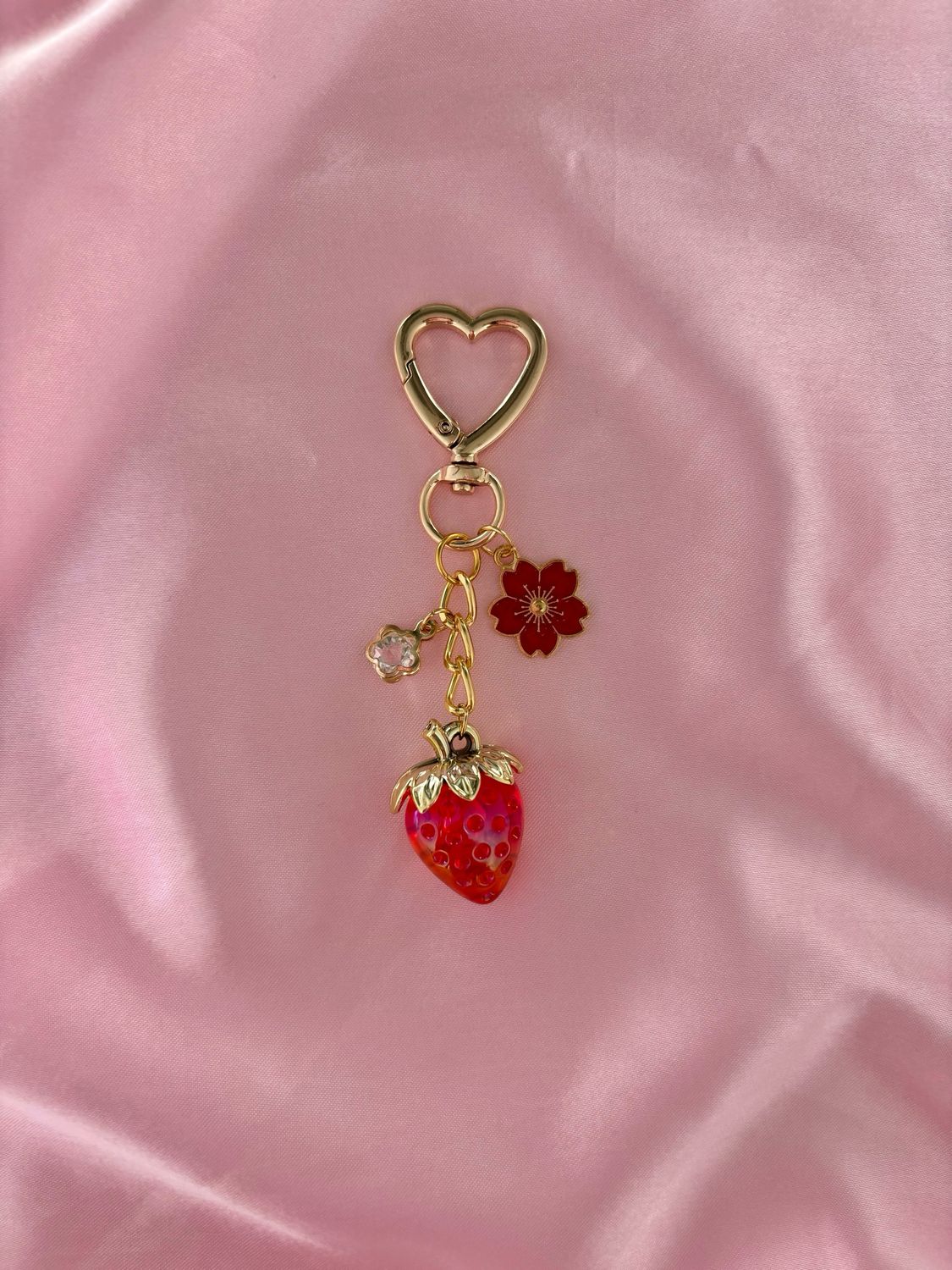 Gold Red Strawberry Cherry Blossom Bag Charm Keychain