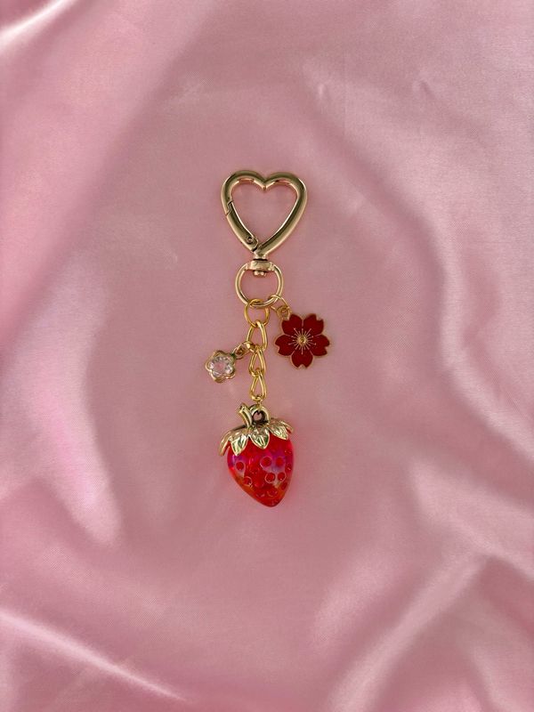 Gold Red Strawberry Cherry Blossom Bag Charm Keychain