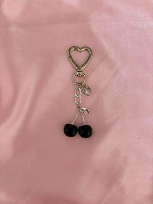 Silver Black Cherry Heart Rhinestone Bag Charm Keychain