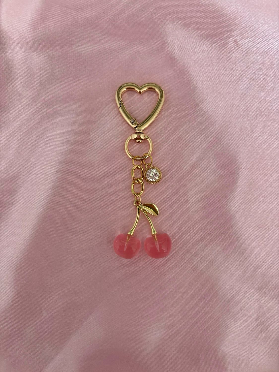 Gold Pink Cherry Rhinestone Bag Charm Keychain