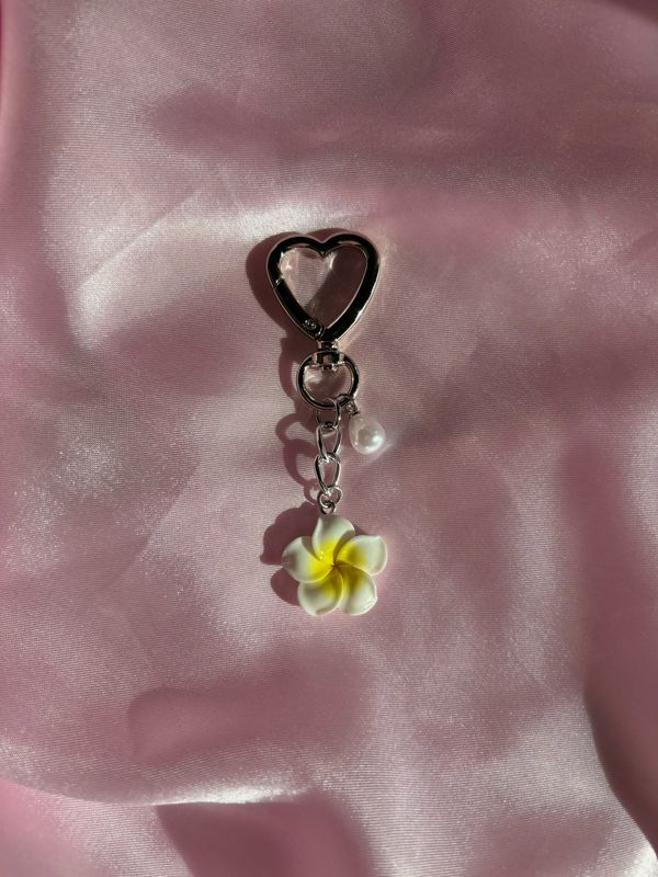 Silver Mini White Plumeria Flower Bag Charm Keychain