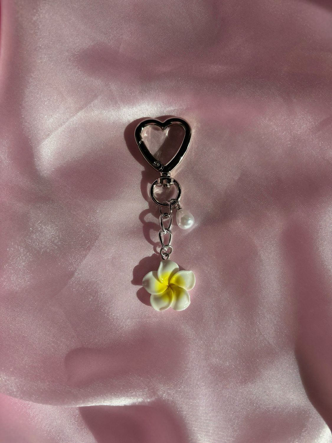Silver Mini White Plumeria Flower Bag Charm Keychain