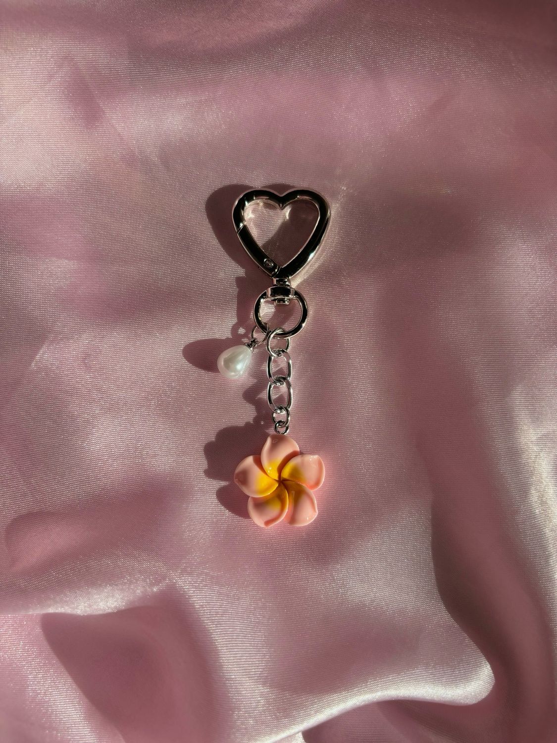 Silver Mini Pink Plumeria Flower Bag Charm Keychain