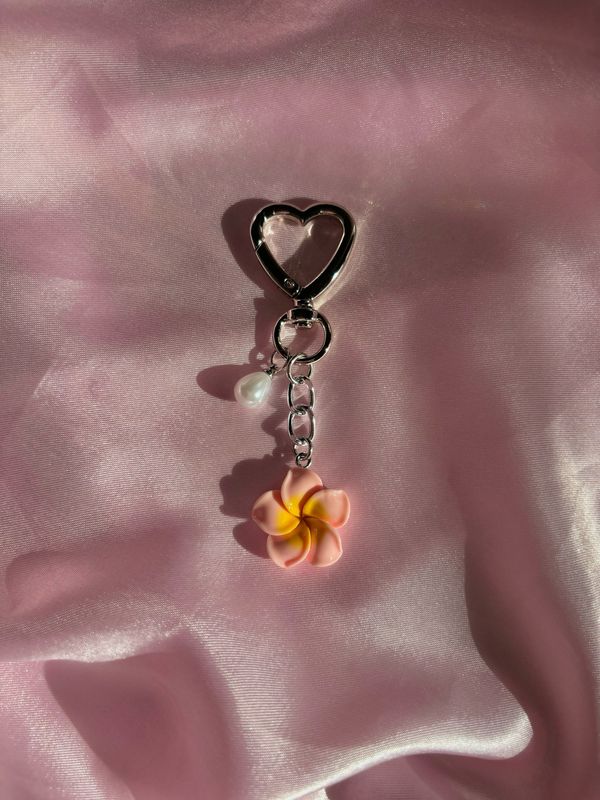 Silver Mini Pink Plumeria Flower Bag Charm Keychain