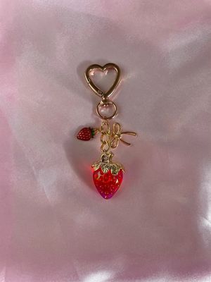 Gold Red Double Strawberry Ribbon Purse Bag Charm Keychain