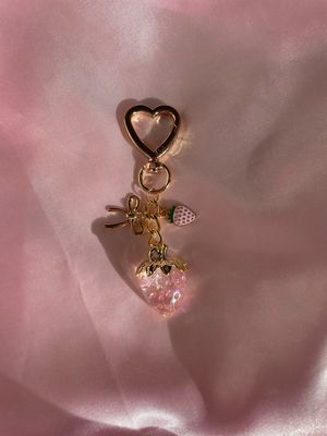 NEW Gold Pink Double Strawberry Ribbon Purse Bag Charm Keychain