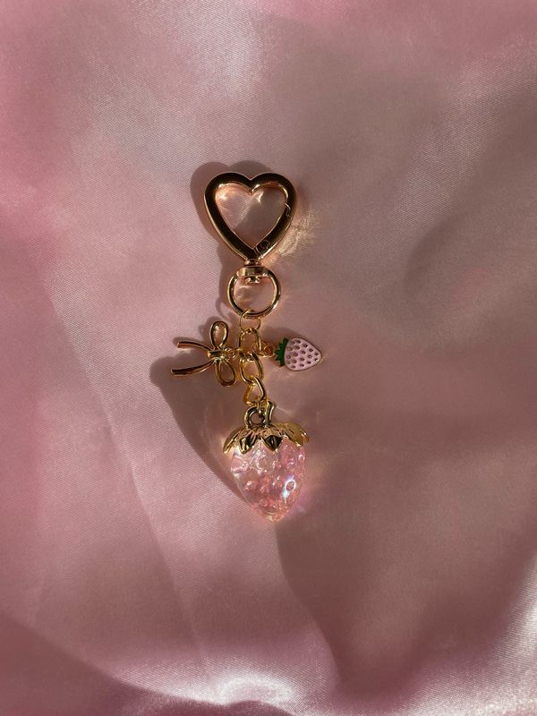 NEW Gold Pink Double Strawberry Ribbon Purse Bag Charm Keychain