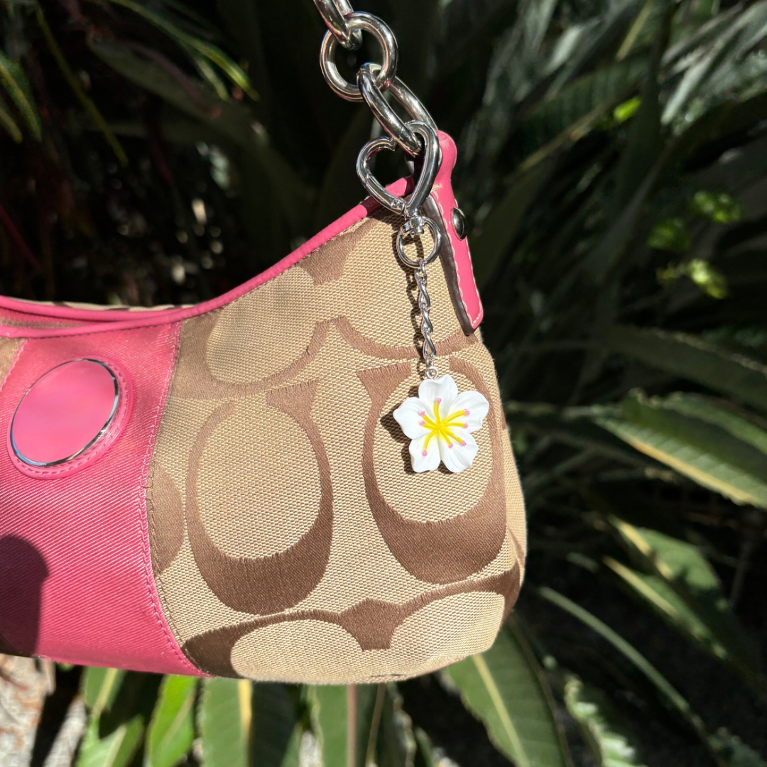 Silver White Hibiscus Flower Bag Charm Keychain