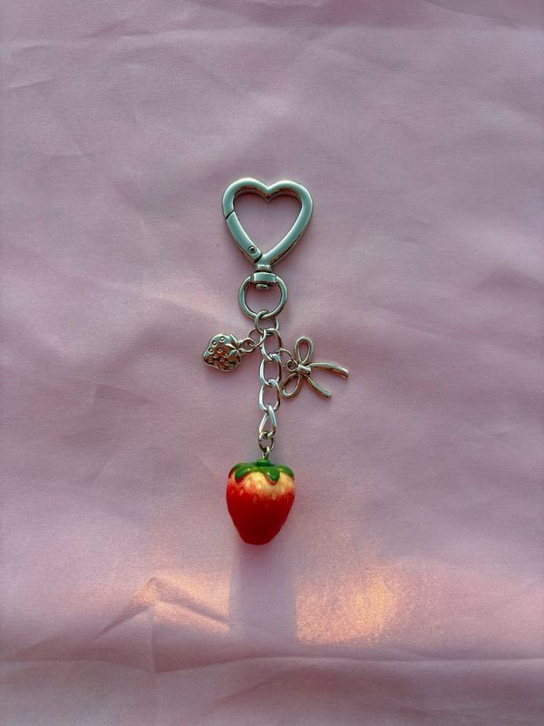 Silver Double Strawberry Bag Charm Keychain