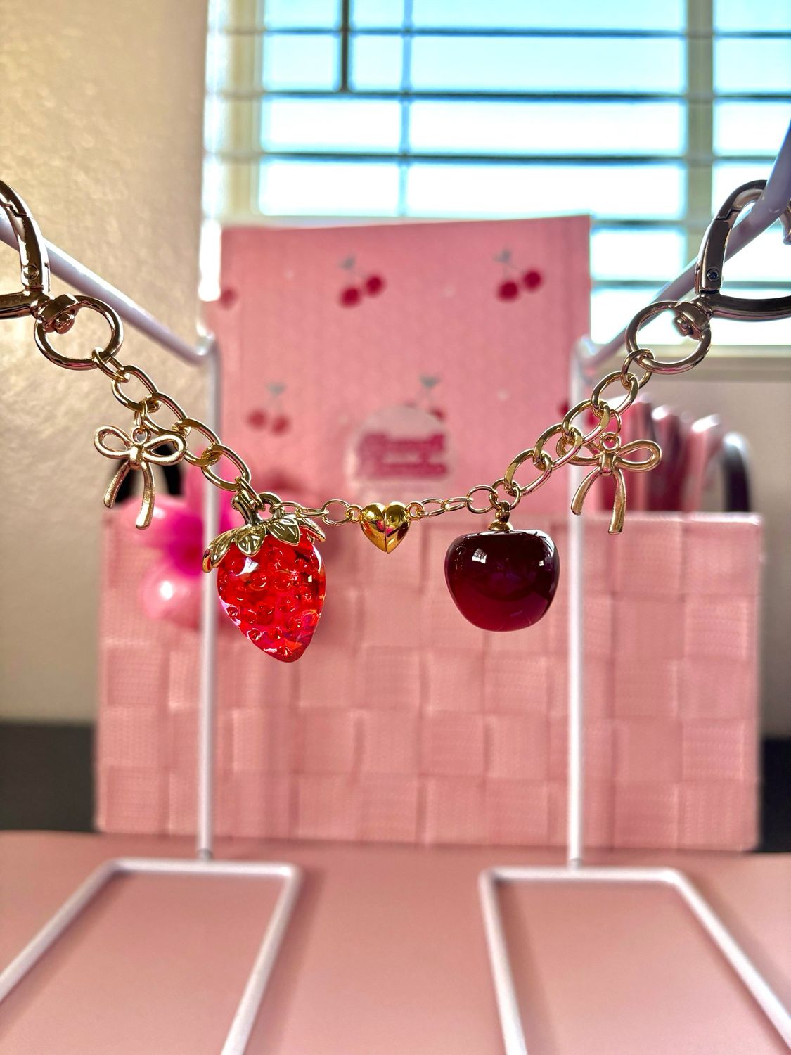 NEW Gold Strawberry &amp; Cherry Duo Bag Charm Set