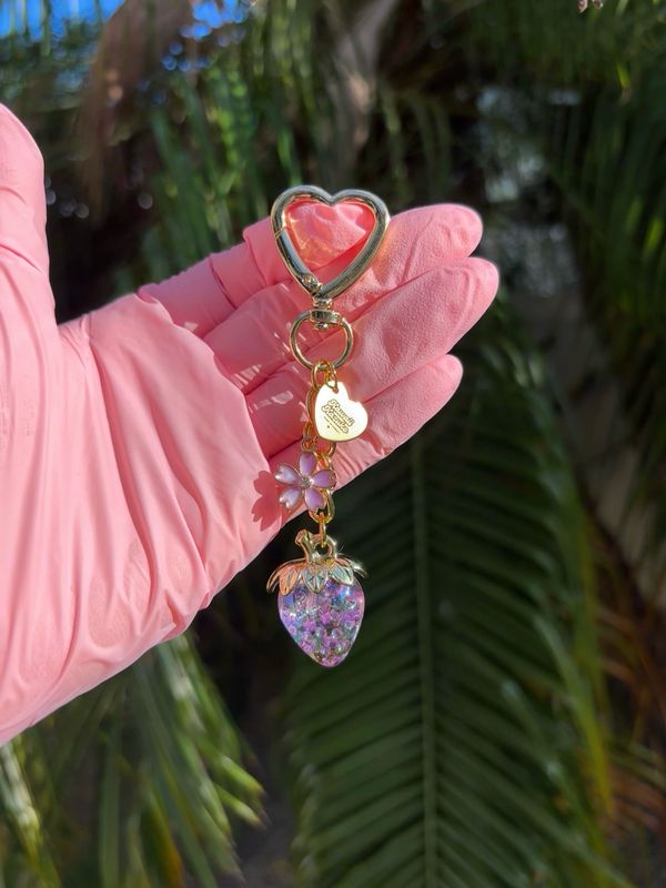 NEW Gold Purple Strawberry Flower Bag Charm Keychain