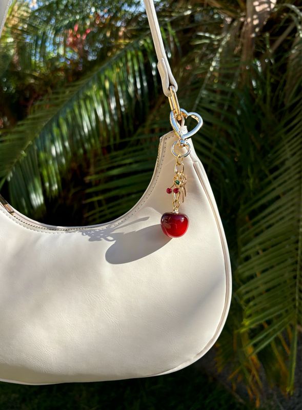 Gold Red Ombré Double Cherry Bow Bag Charm Keychain