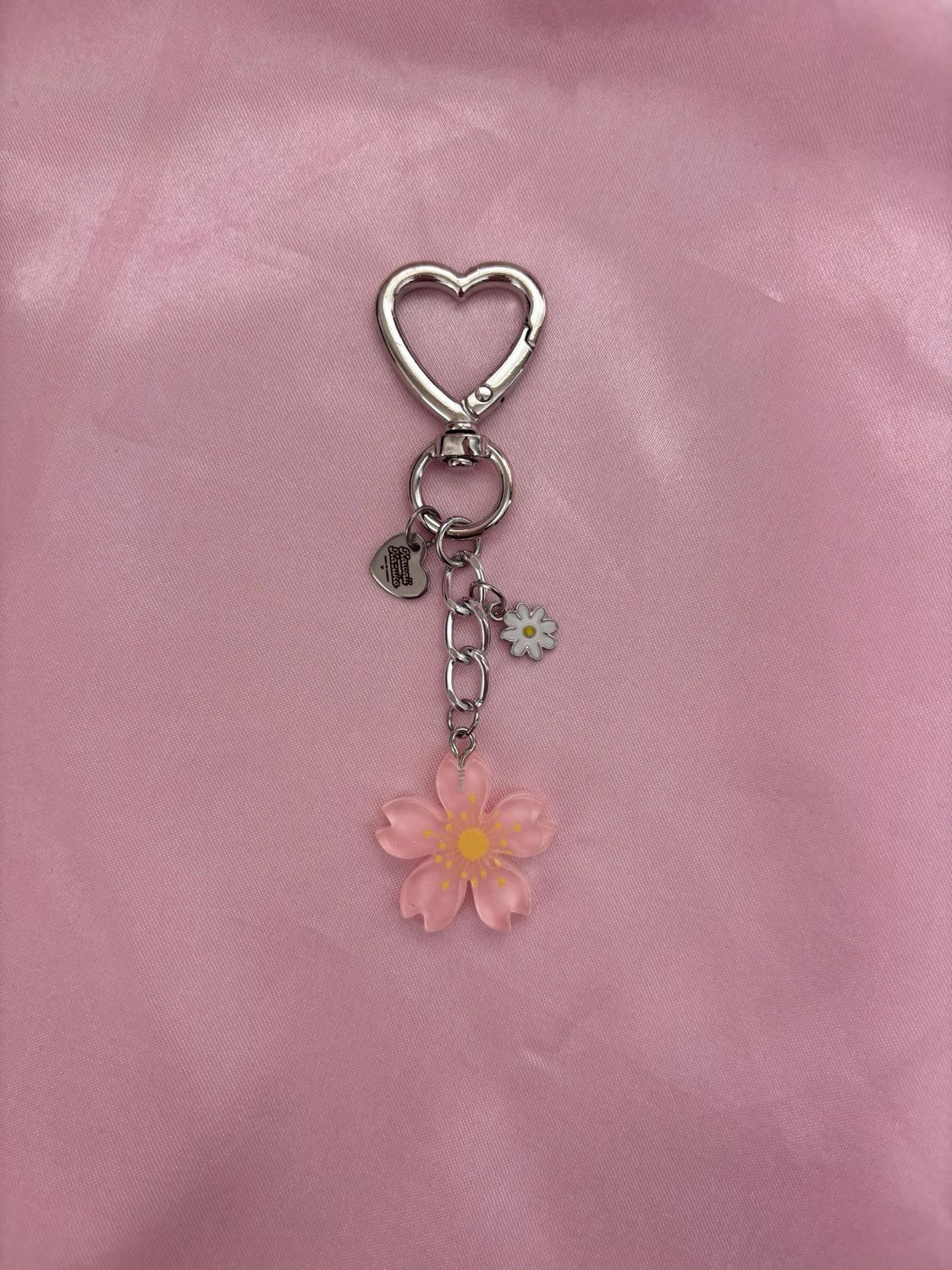 Silver Pink Sakura Flower Bag Charm Keychain
