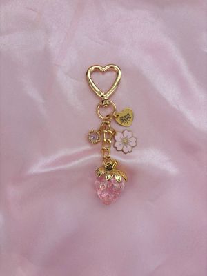 Gold Pink Strawberry Cherry Blossom Flower Rhinestone Bag Charm Keychain