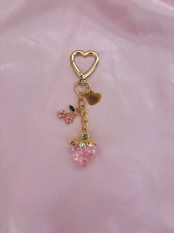 Gold Pink Strawberry Cherry Rhinestone Bag Charm Keychain