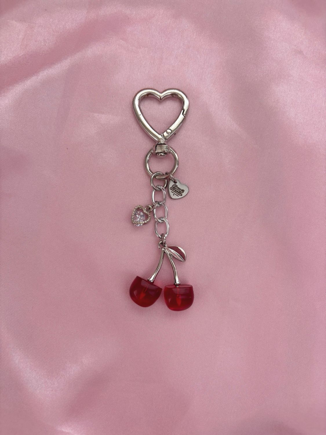 NEW Silver Red Cherry Heart Rhinestone Bag Charm Keychain