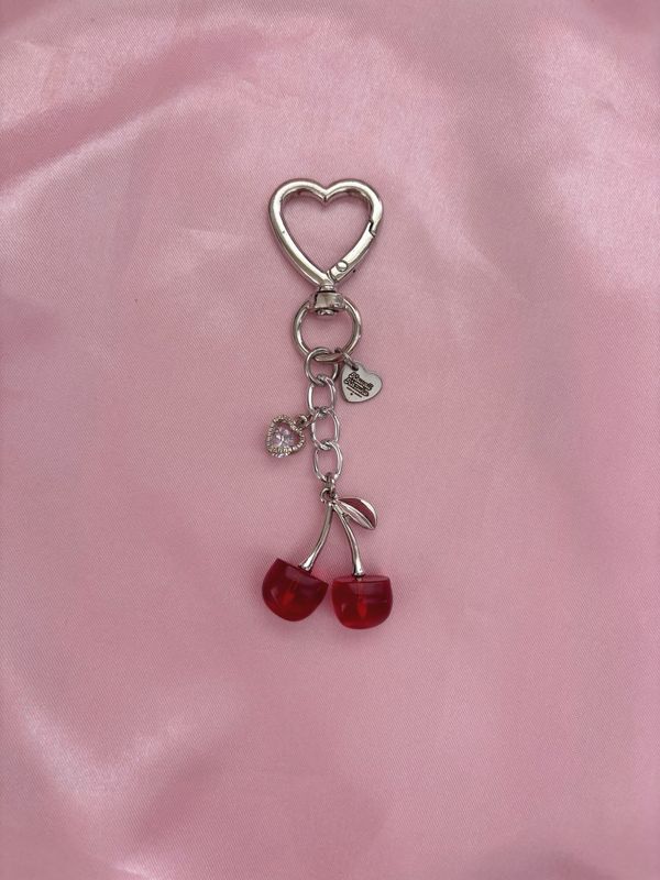 NEW Silver Red Cherry Heart Rhinestone Bag Charm Keychain