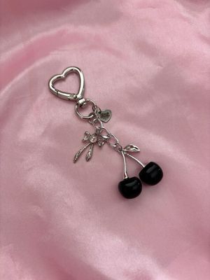 Silver Black Cherry Heart Rhinestone Bag Charm Keychain