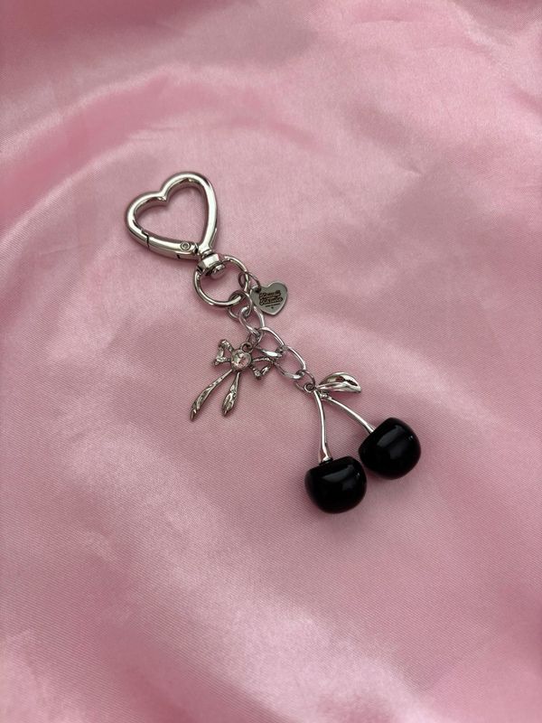 Silver Black Cherry Heart Rhinestone Bag Charm Keychain