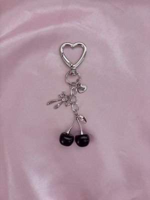 Silver Black Cherry Heart Rhinestone Bag Charm Keychain