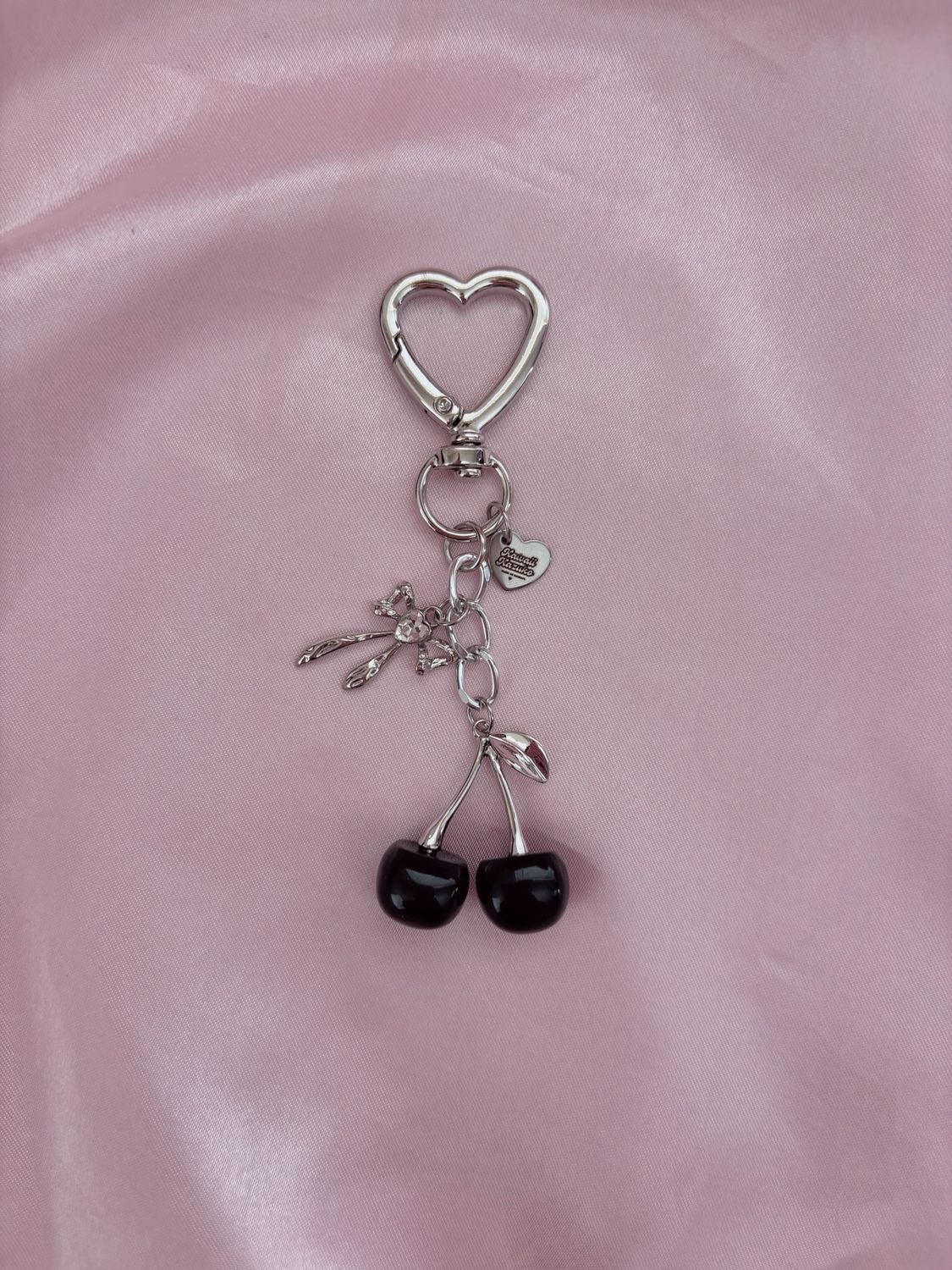 Silver Black Cherry Heart Rhinestone Bag Charm Keychain