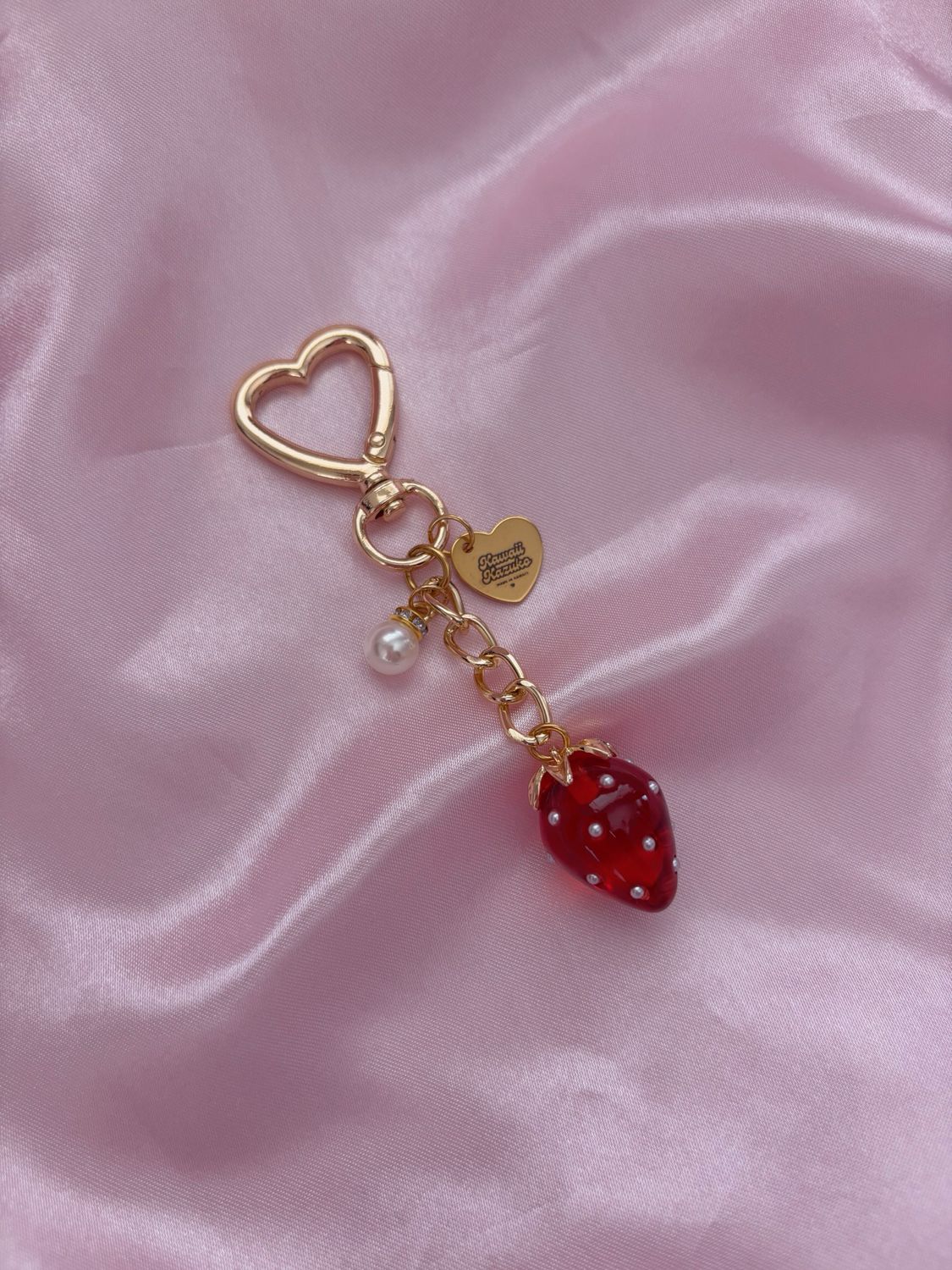 NEW Gold Pink Strawberry Pearl Studded Bag Charm Keychain