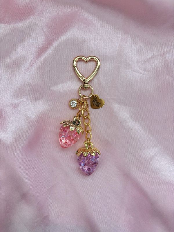 Gold Pink &amp; Purple Strawberry Rhinestone Bag Charm Keychain