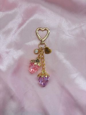 Gold Pink &amp; Purple Strawberry Rhinestone Bag Charm Keychain