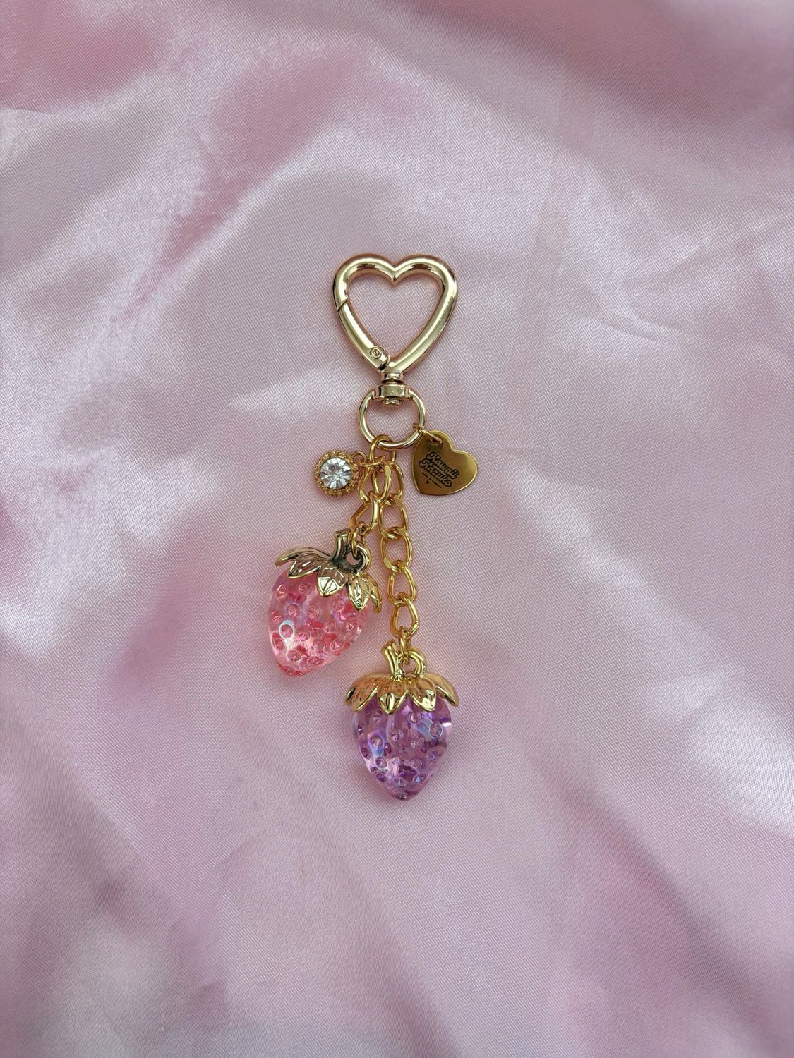 Gold Pink &amp; Purple Strawberry Rhinestone Bag Charm Keychain