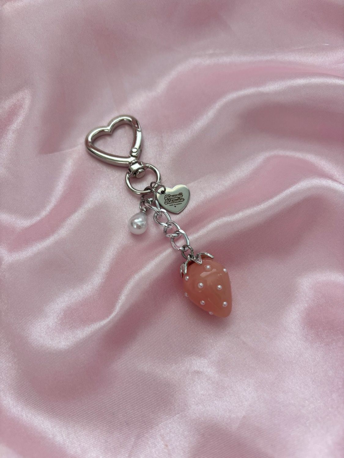 NEW Silver Red Strawberry Pearl Studded Bag Charm Keychain