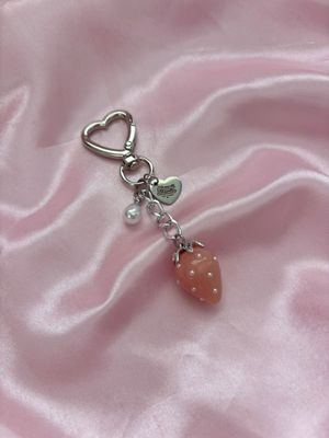 NEW Silver Red Strawberry Pearl Studded Bag Charm Keychain
