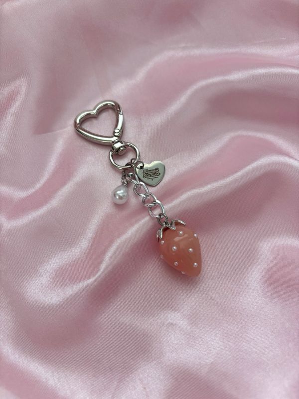 NEW Silver Red Strawberry Pearl Studded Bag Charm Keychain