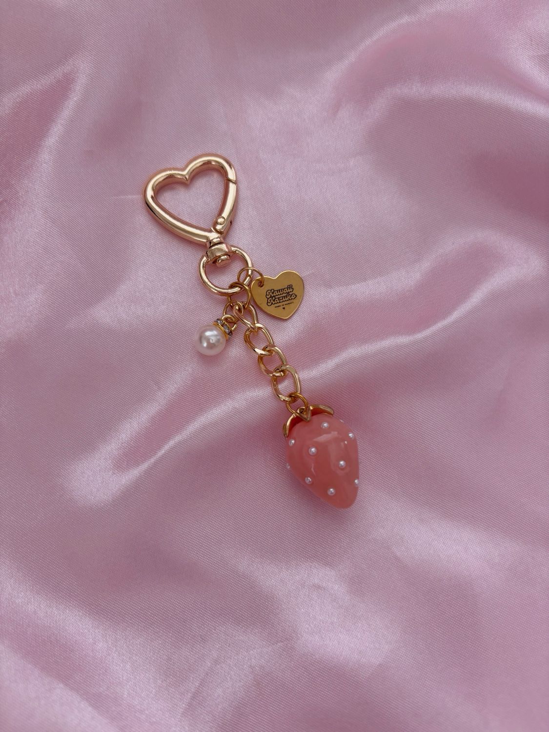 NEW Gold Red Strawberry Pearl Studded Bag Charm Keychain