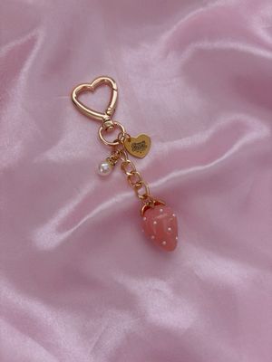 NEW Gold Red Strawberry Pearl Studded Bag Charm Keychain