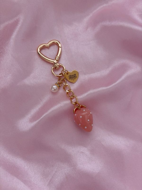 NEW Gold Red Strawberry Pearl Studded Bag Charm Keychain