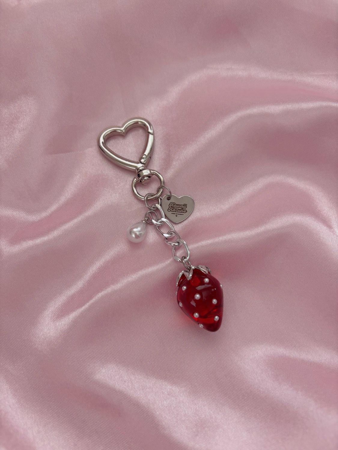 NEW Silver Pink Strawberry Pearl Studded Bag Charm Keychain
