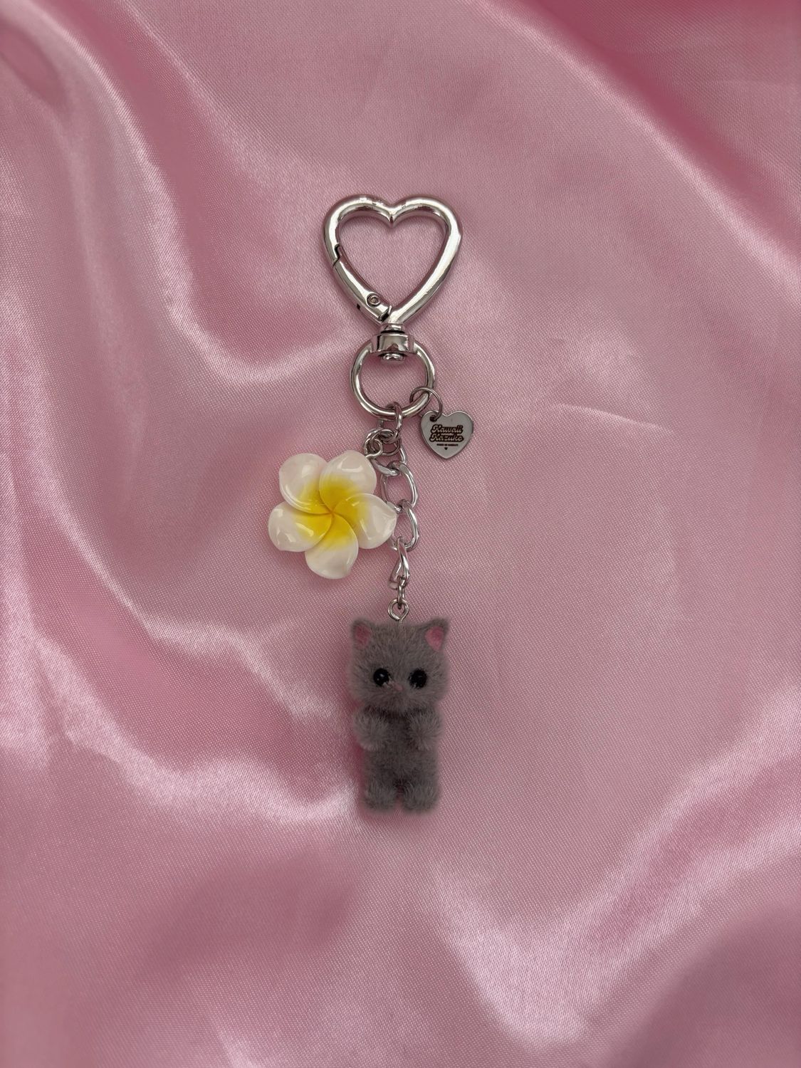 NEW Silver Gray Kitty Flower Bag Charm Keychain