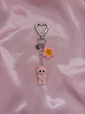NEW Silver Pink Kitty Flower Bag Charm Keychain