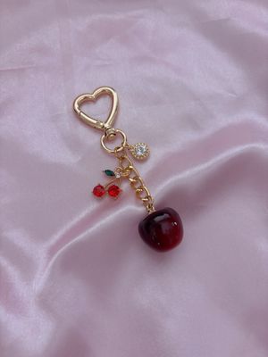 Gold Double Cherry Rhinestone Bag Charm Keychain