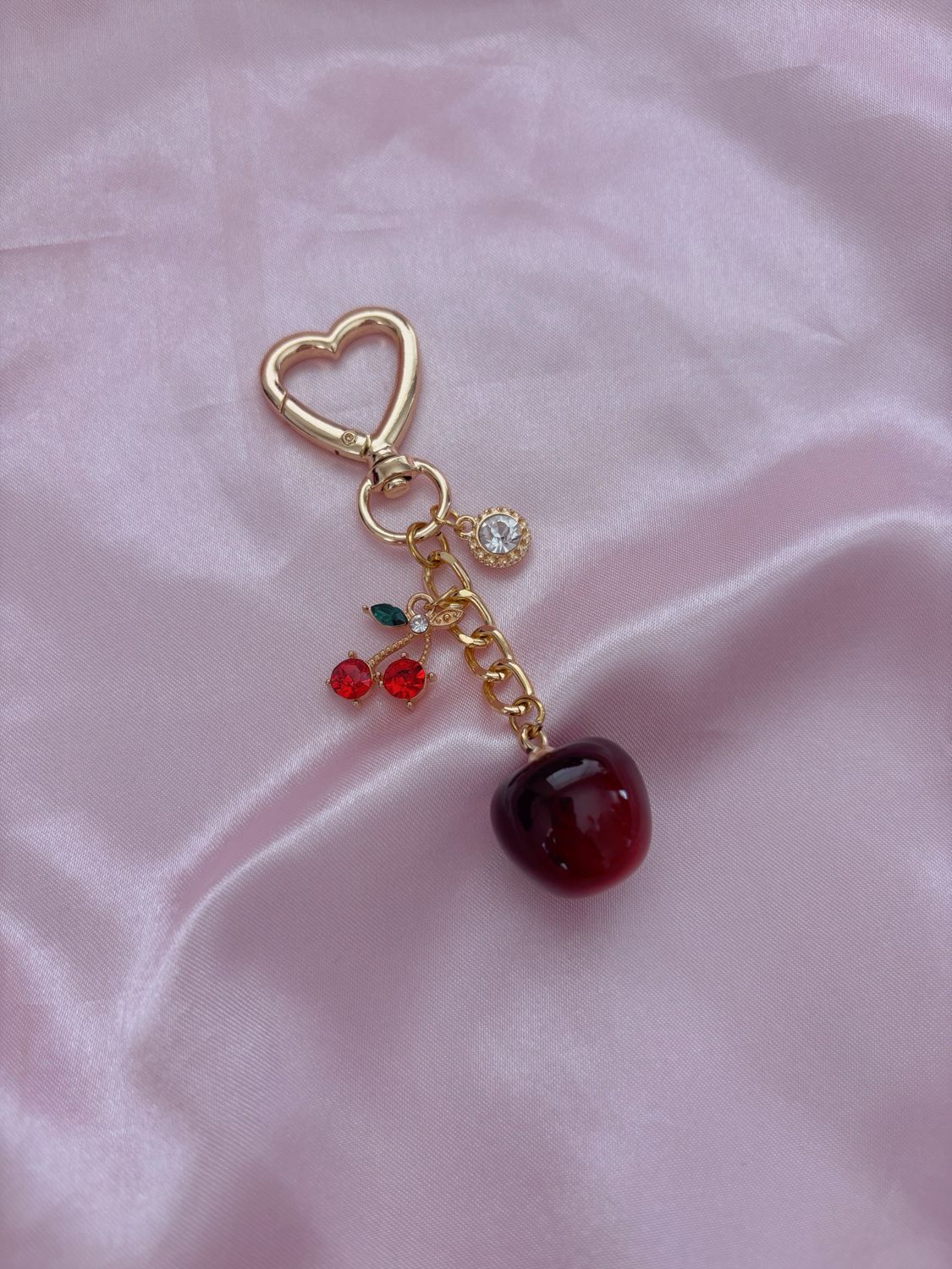 Gold Double Cherry Rhinestone Bag Charm Keychain