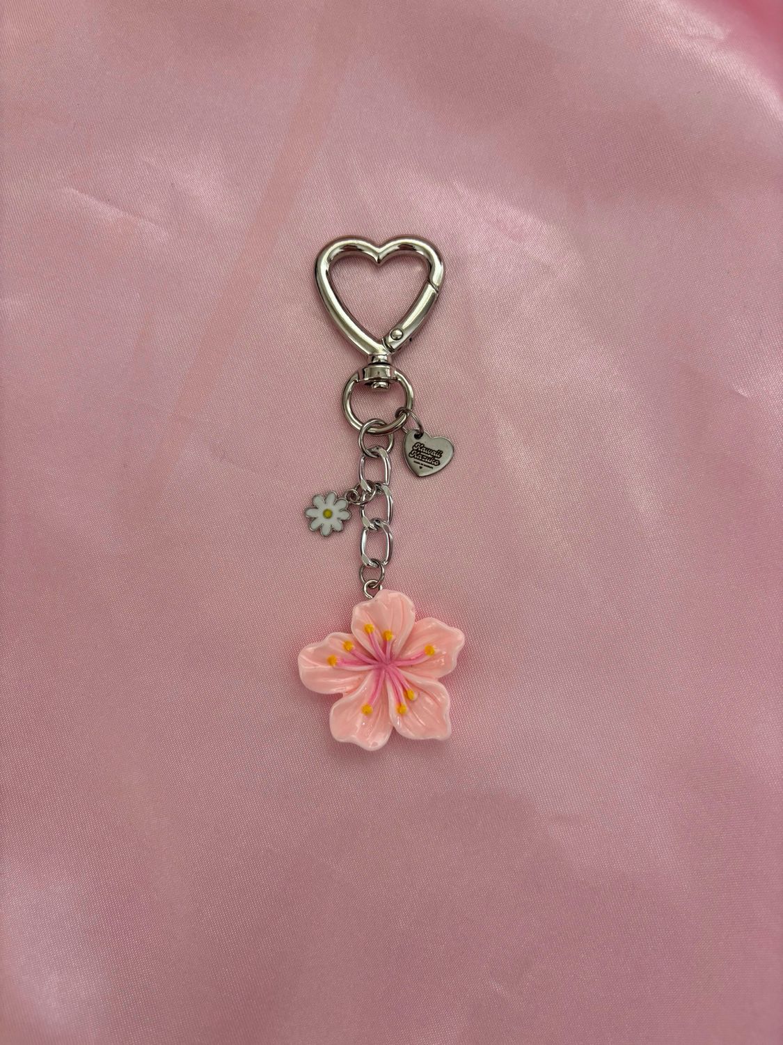 Silver Baby Pink Hibiscus Flower Bag Charm Keychain