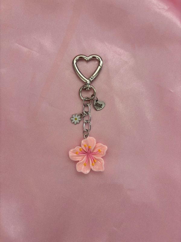 Silver Baby Pink Hibiscus Flower Bag Charm Keychain