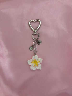 Silver White Hibiscus Flower Bag Charm Keychain