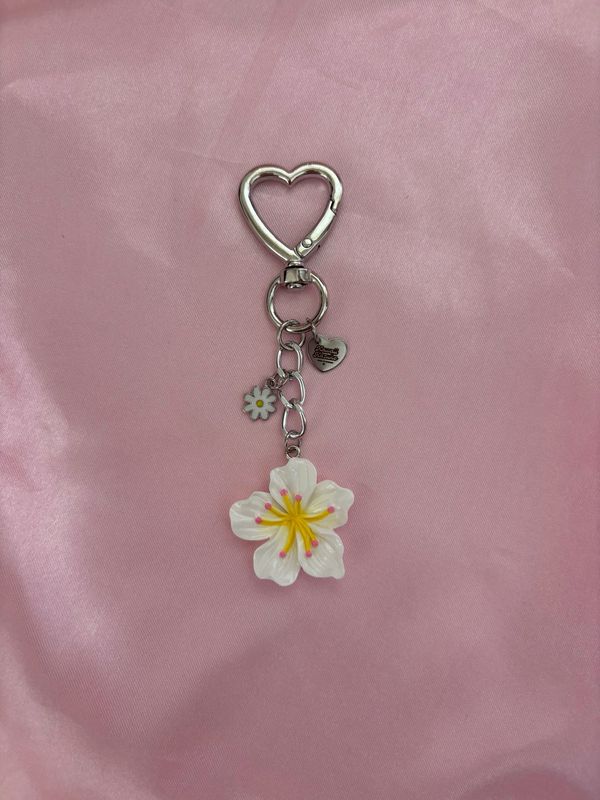 Silver White Hibiscus Flower Bag Charm Keychain