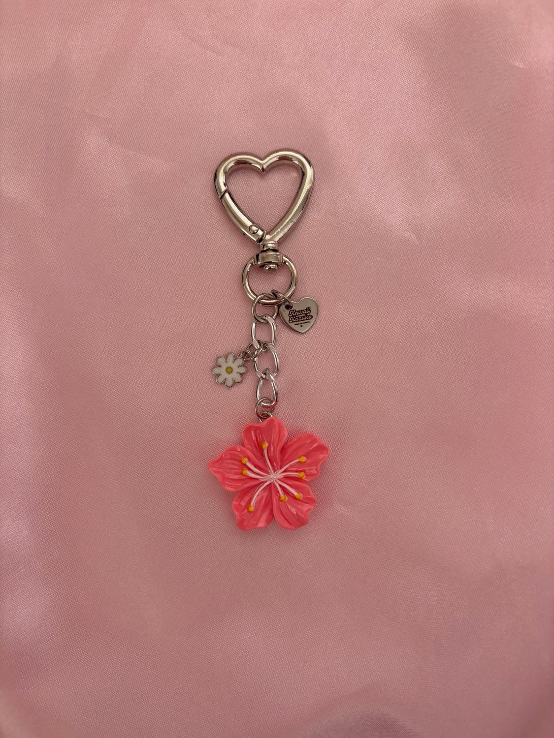 Silver Pink Hibiscus Flower Bag Charm Keychain