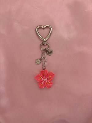Silver Pink Hibiscus Flower Bag Charm Keychain