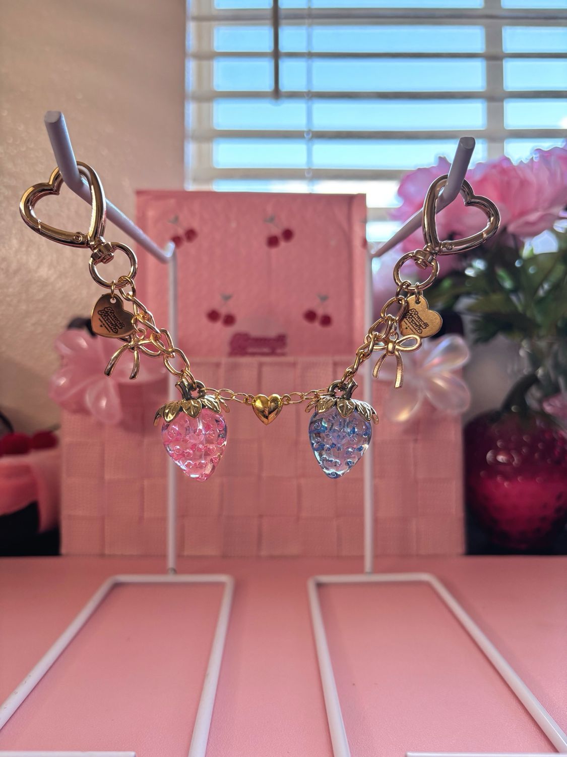✨NEW Gold Pink &amp; Blue Matching Strawberry Heart Connecting Bag Charm Keychain Set
