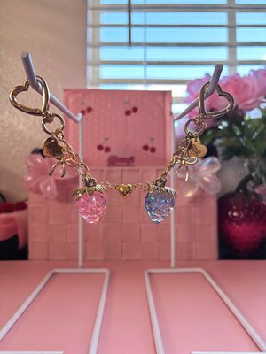 ✨NEW Gold Pink &amp; Blue Matching Strawberry Heart Connecting Bag Charm Keychain Set