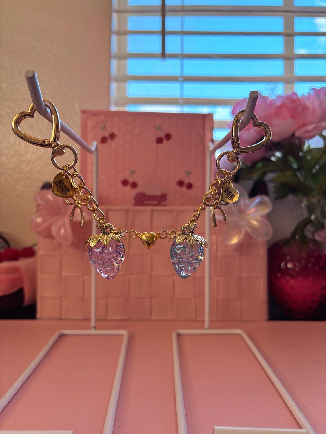 ✨NEW Gold Purple &amp; Blue Matching Strawberry Heart Connecting Bag Charm Keychain Set